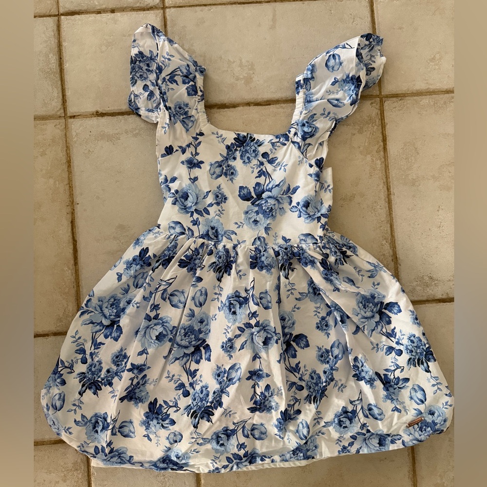 Tahari Floral Blue and White Kids Dress with Keyhole Back - perfect for Easter